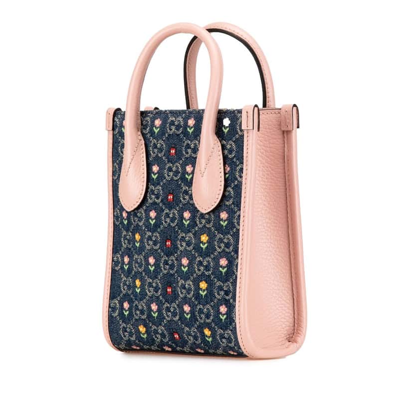 Gucci Mini GG Denim Interlocking G Flowers Tote Blue Denim Good condition - Back View