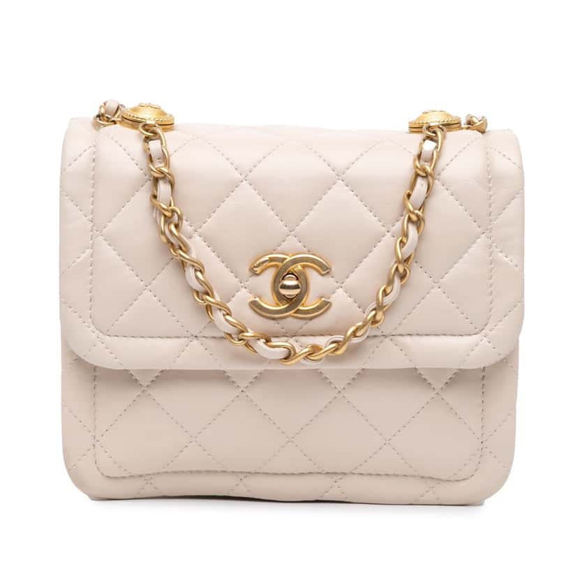 Chanel Small Lambskin Button On Top Flap Brown Leather Good condition - Front View