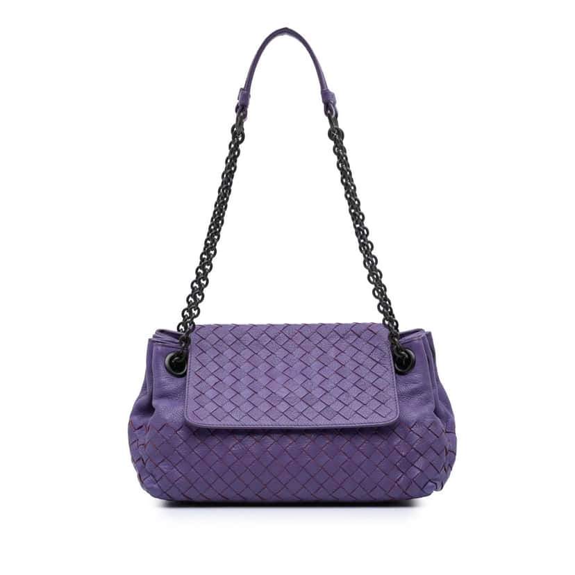 Bottega Veneta Small Madras Goatskin Intrecciato Shoulder Bag Purple Leather Good condition - Front View