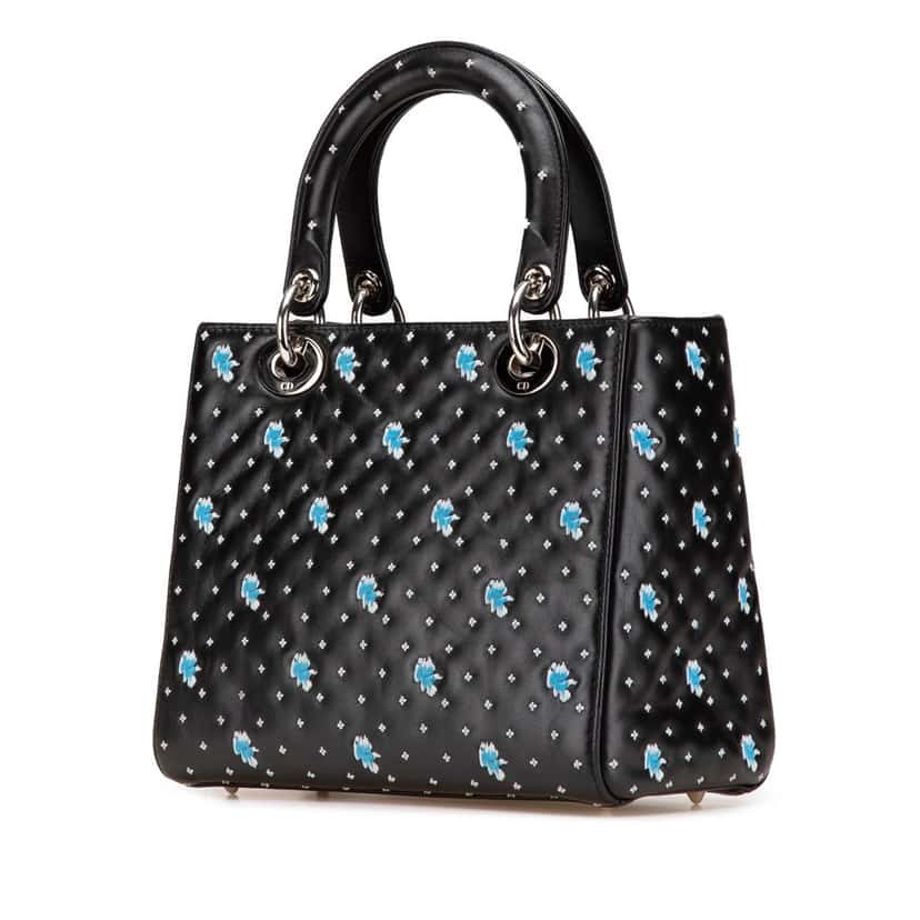 Dior Medium Calfskin Embroidered Flower Lady Dior Black Leather Good condition - Back View