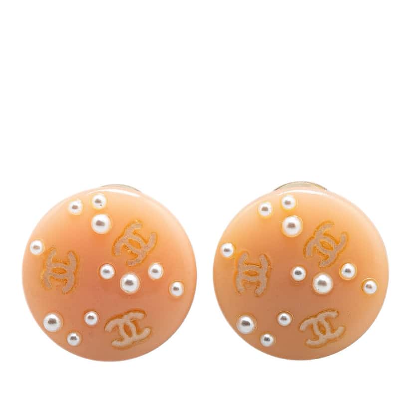 Chanel Resin CC Faux Pearl Clip On Earrings Brown Good condition - Front View