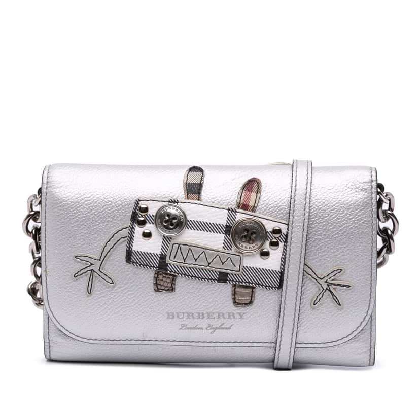 Burberry Metallic Leather Creature Wallet On Chain Silver Leather Good condition - Front View