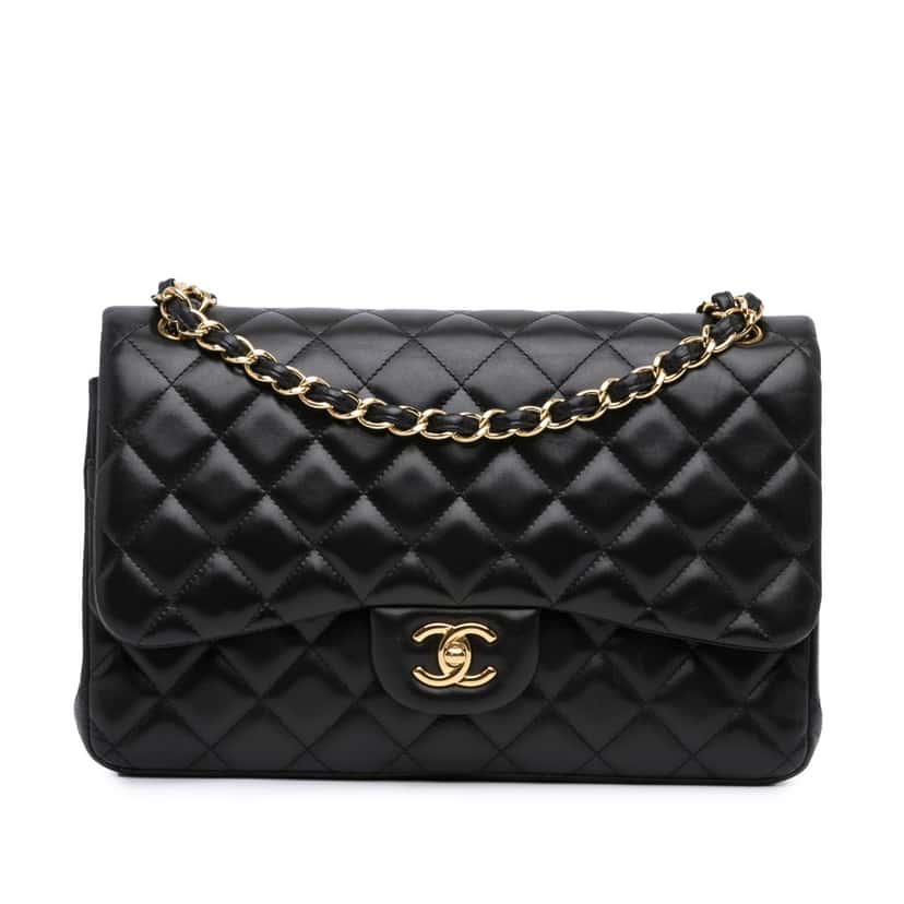 Chanel Jumbo Classic Lambskin Double Flap Black Leather Good condition - Front View