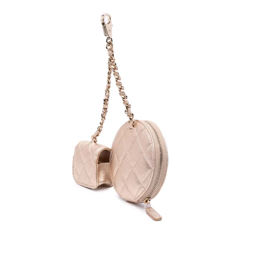 Chanel Metallic Quilted Lambskin Round Clip On Coin Purse Airpods Case Gold Leather Good condition - Back View