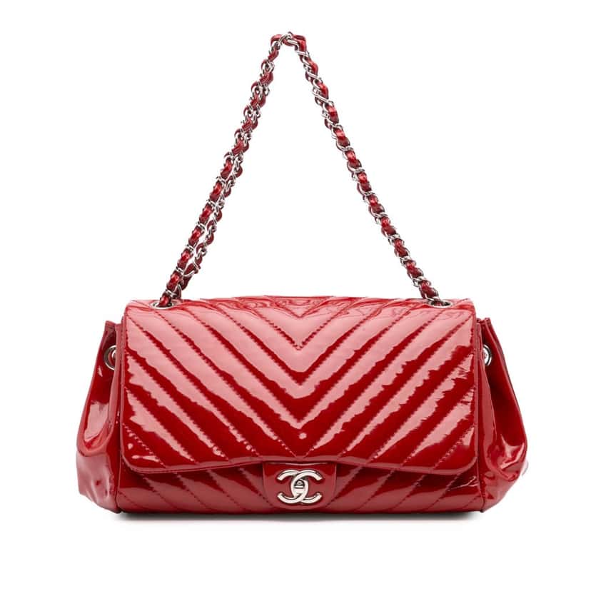 Chanel CC Chevron Patent Accordion Single Flap Red Leather Good condition - Front View