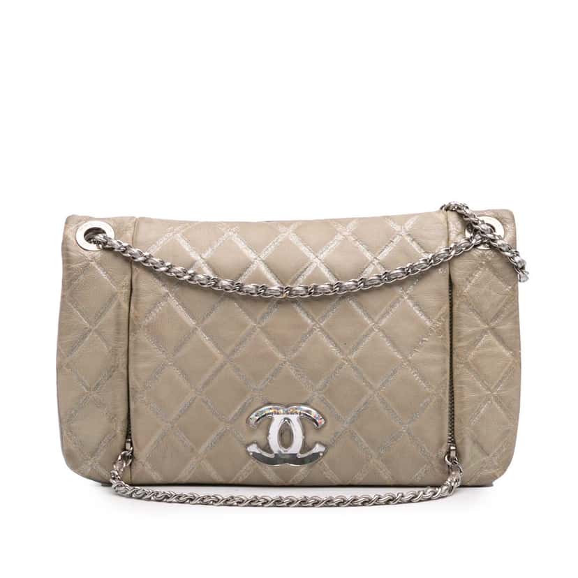 Chanel Quilted Metallic Distressed Lambskin CC Crystal Flap Brown Leather Fair condition - Front View