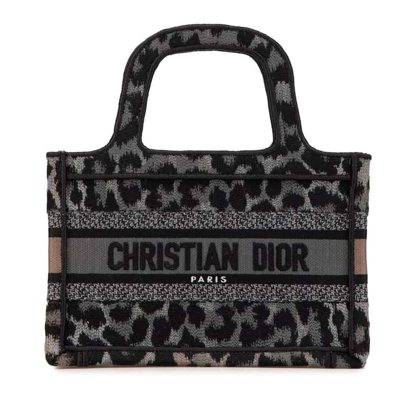 Dior Mizza Mini Embroidered Canvas Leopard Book Tote Grey Canvas Very good condition - Front View