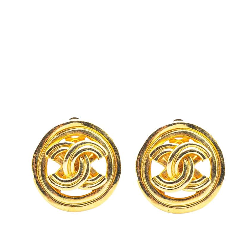 Chanel Gold Plated CC Round Clip On Earrings Gold Metal Good condition - Front View