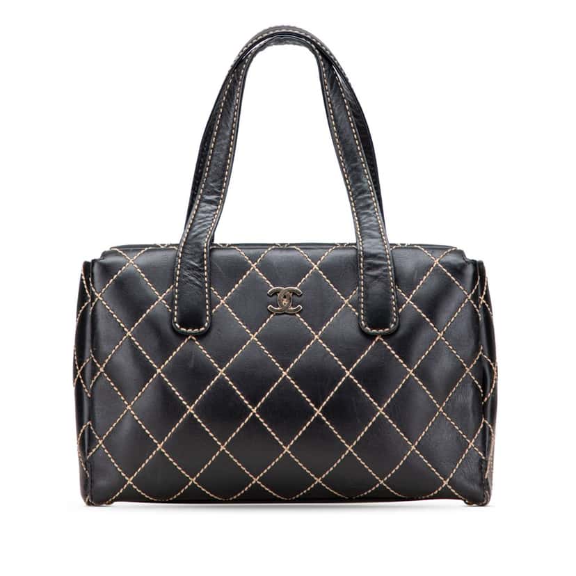 Chanel Medium CC Calfskin Wild Stitch Tote Black Leather Good condition - Front View