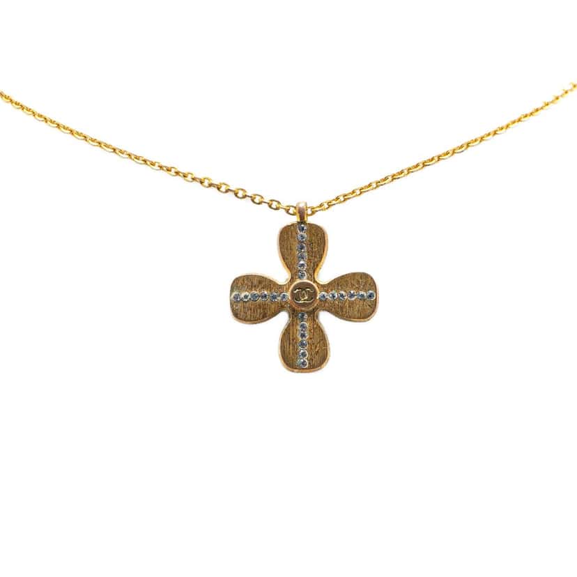 Chanel Gold Plated Rhinestones Clover Pendant Necklace Gold Metal Good condition - Front View