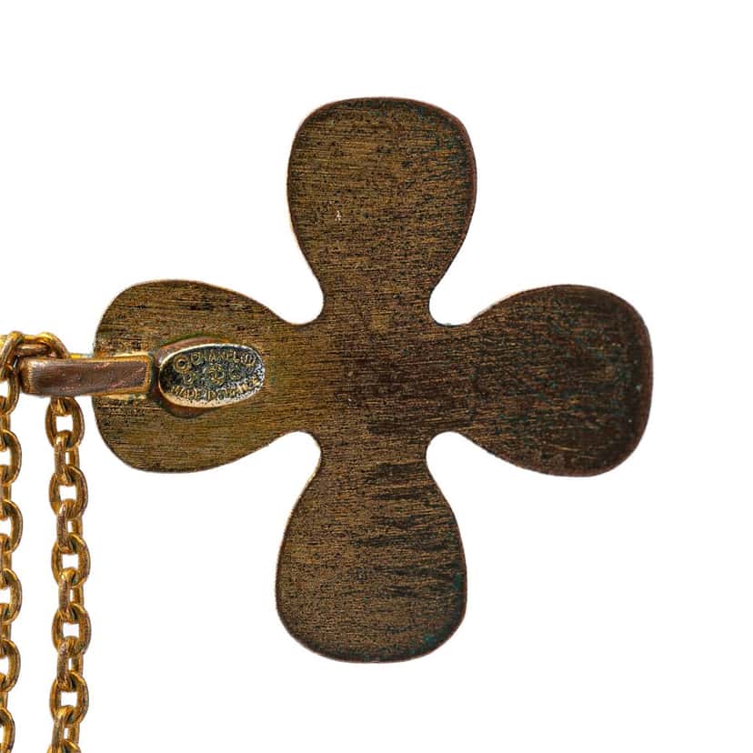 Chanel Gold Plated Rhinestones Clover Pendant Necklace Gold Metal Good condition - Back View