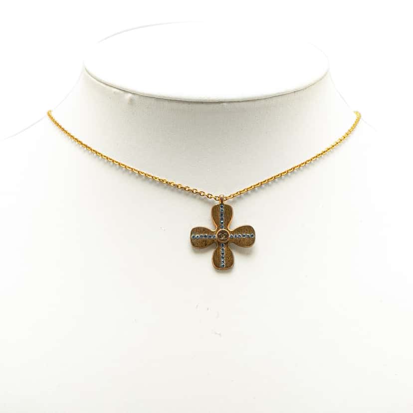 Chanel Gold Plated Rhinestones Clover Pendant Necklace Gold Metal Good condition - Box View
