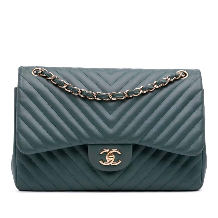 Chanel Jumbo Classic Chevron Lambskin Double Flap Green Leather Good condition - Front View
