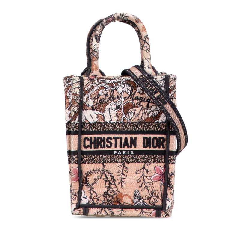 Dior Mini Embroidered Canvas Jardin Magique Vertical Book Tote Pink Canvas Good condition - Front View
