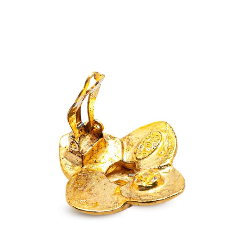 Chanel Gold Plated CC Clover Clip On Earrings Gold Metal Good condition - Box View