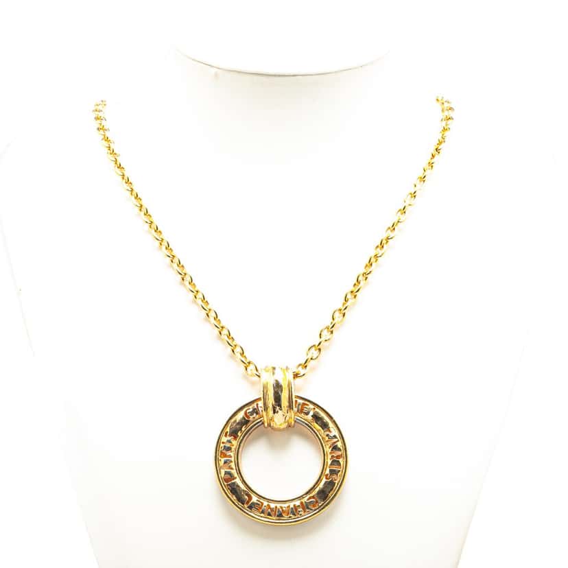 Chanel Gold Plated Circle Logo Pendant Necklace Gold Metal Good condition - Box View