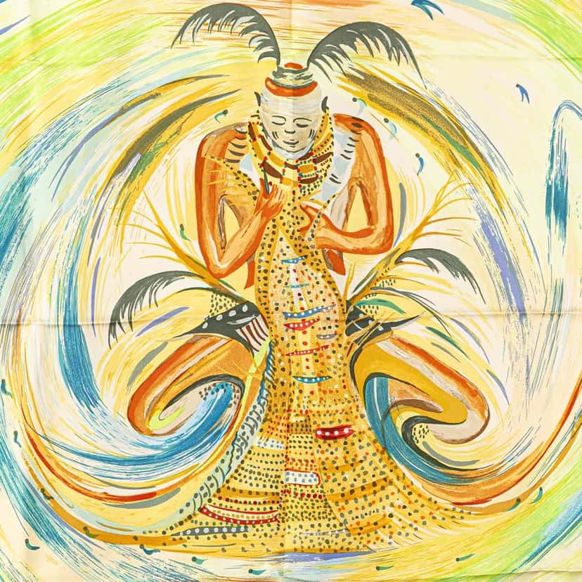 Hermès Les Perles de Turkana Silk Scarf Yellow Silk Good condition - Box View