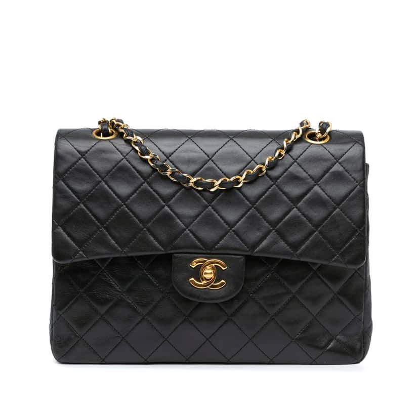 Chanel Medium Tall Classic Lambskin Double Flap Black Leather Good condition - Front View