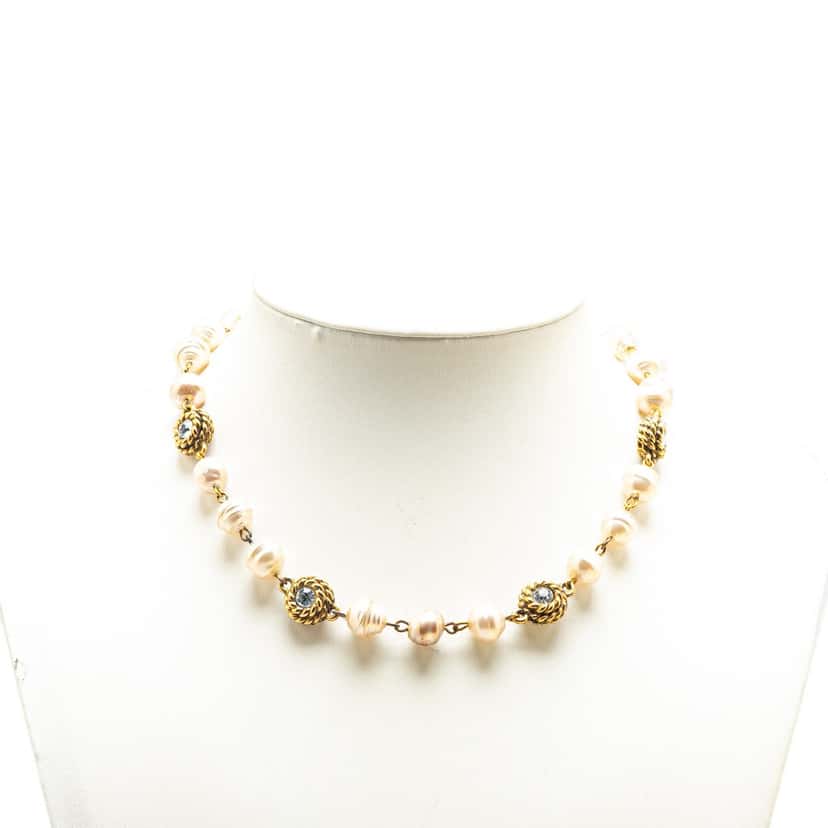 Chanel Gold Plated Rhinestone Faux Pearl Chain Necklace White Good condition - Box View