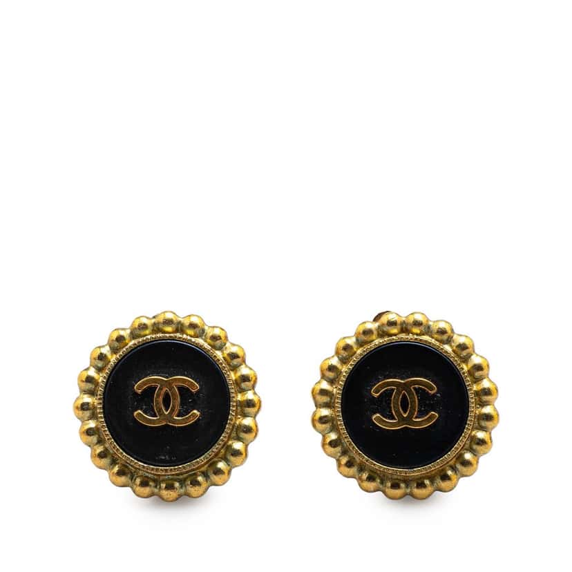 Chanel Gold Plated Acrylic CC Button Clip on Earrings Gold Metal Good condition - Front View