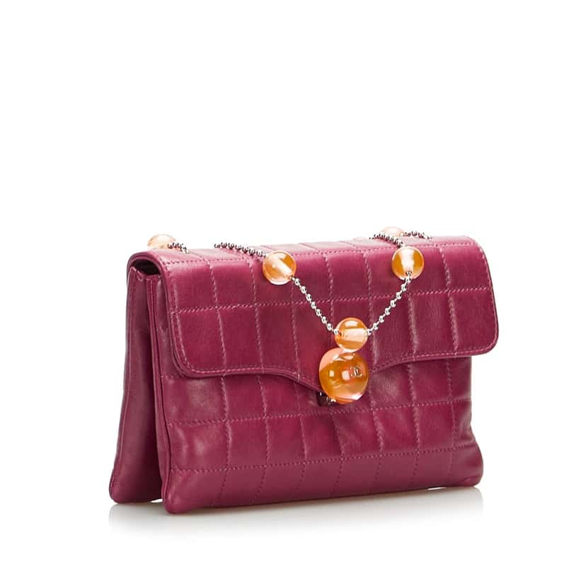 Chanel Square Quilted Lambskin Beaded Chain Shoulder Bag Purple Leather Good condition - Back View