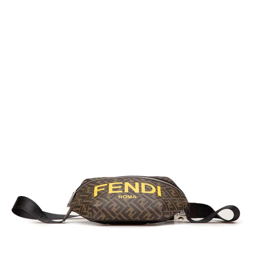 Fendi Shiny Glazed Fabric Vitello Cover FF 1974 Logo Belt Bag Brown Canvas Good condition - Inside View