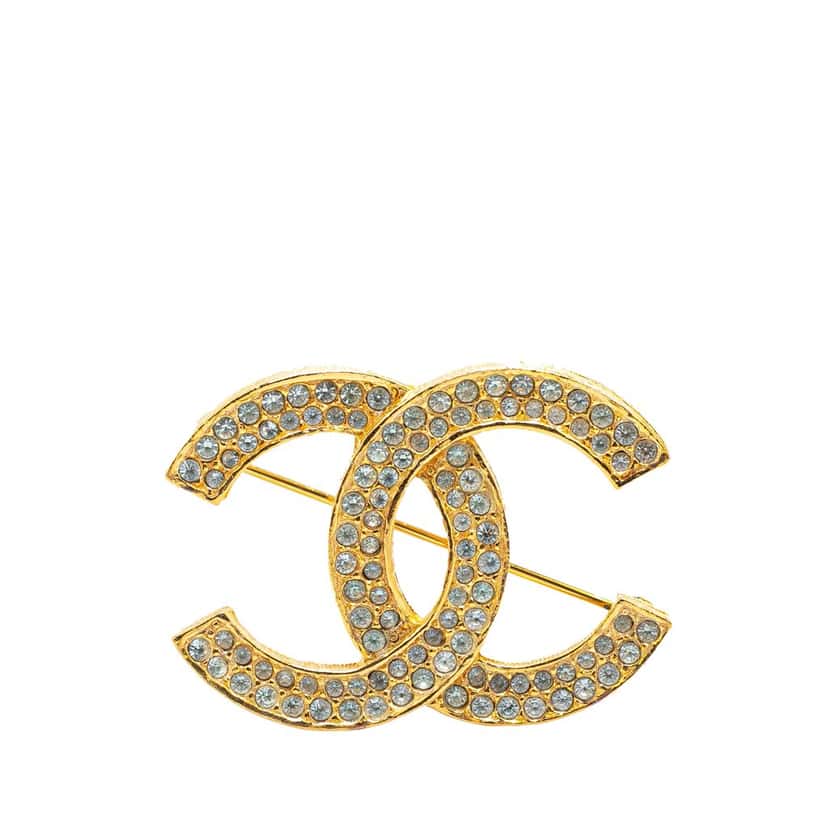 Chanel Gold Plated Rhinestone CC Brooch Gold Metal Good condition - Front View