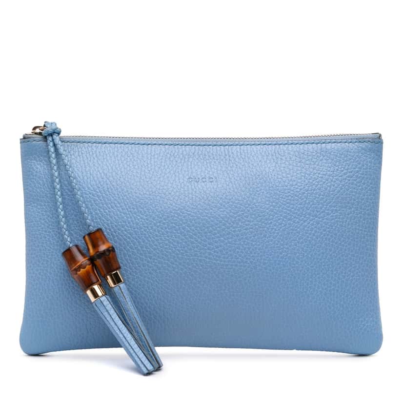 Gucci Calfskin Bamboo Clutch Blue Leather Good condition - Front View
