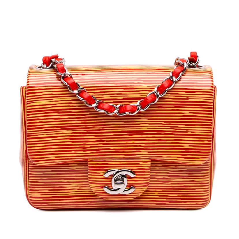Chanel Mini Square Classic Patent Striped Single Flap Orange Leather Good condition - Front View