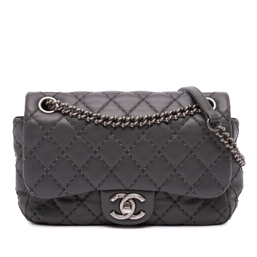 Chanel Quilted Lambskin Stitched Single Flap Grey Leather Good condition - Front View
