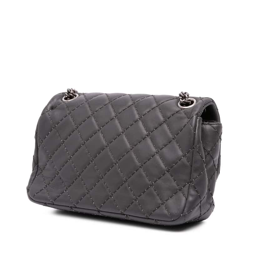 Chanel Quilted Lambskin Stitched Single Flap Grey Leather Good condition - Back View