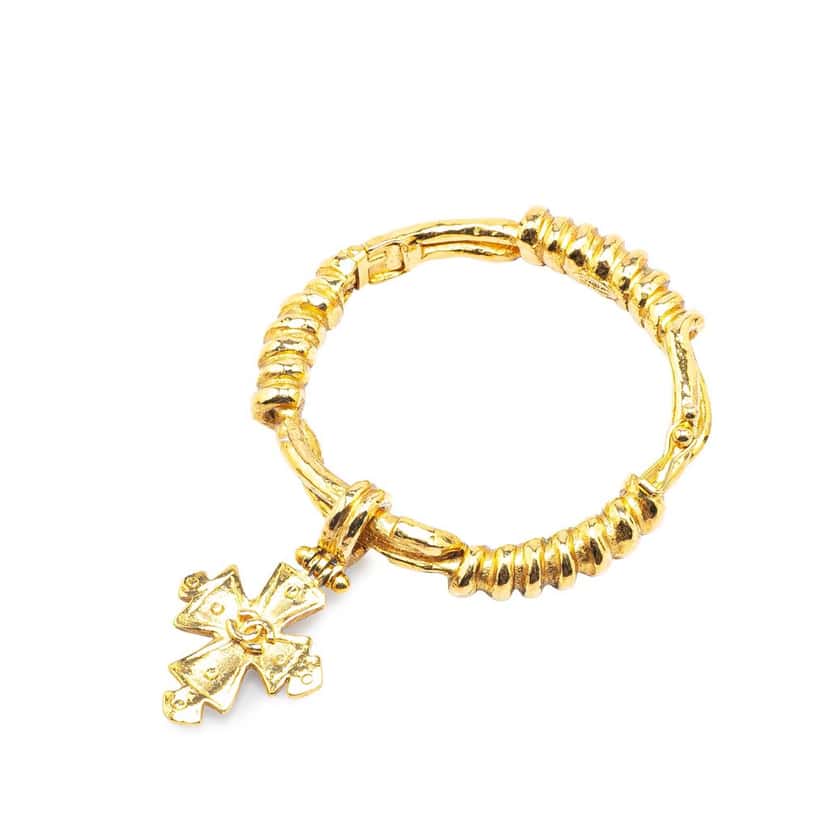 Chanel Gold Plated CC Engraved Cross Bracelet Gold Metal Good condition - Box View
