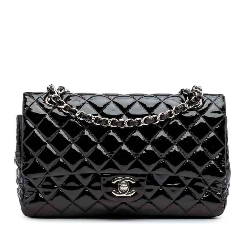 Chanel Medium Classic Patent Double Flap Black Leather Good condition - Front View
