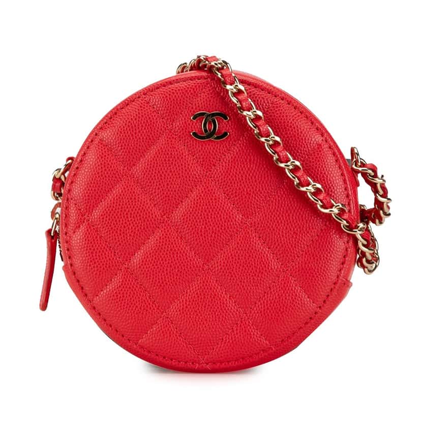 Chanel Quilted Caviar Round Clutch With Chain Red Leather Good condition - Front View