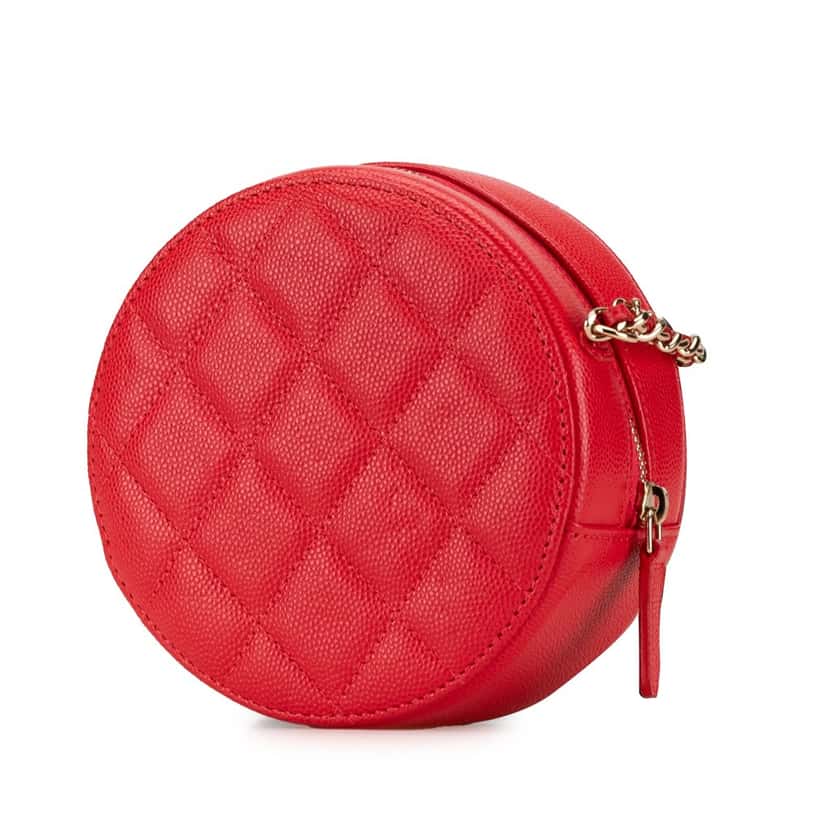 Chanel Quilted Caviar Round Clutch With Chain Red Leather Good condition - Back View