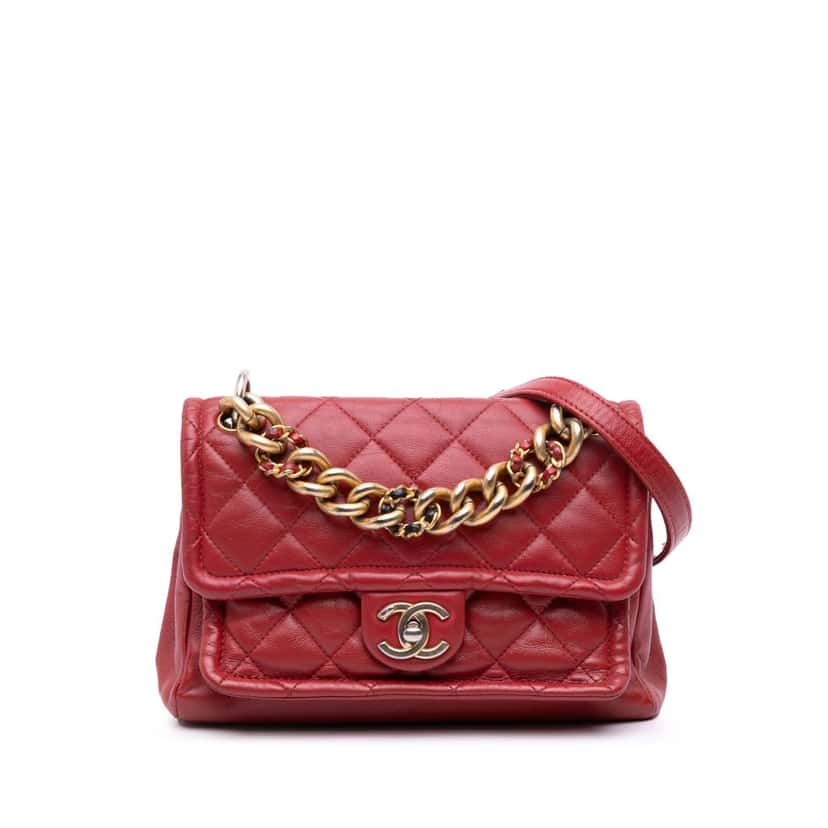 Chanel Small Quilted Lambskin Chain Link Flap Red Leather Very good condition - Front View