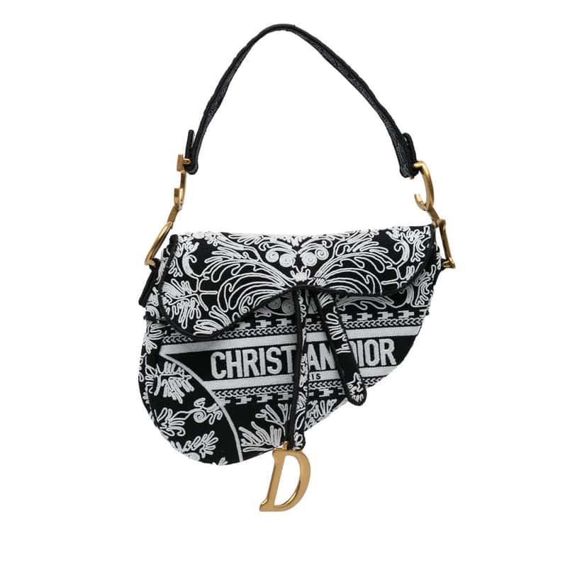 Dior Canvas Embroidered Ornamental Cornely Saddle Bag Black Canvas Good condition - Front View