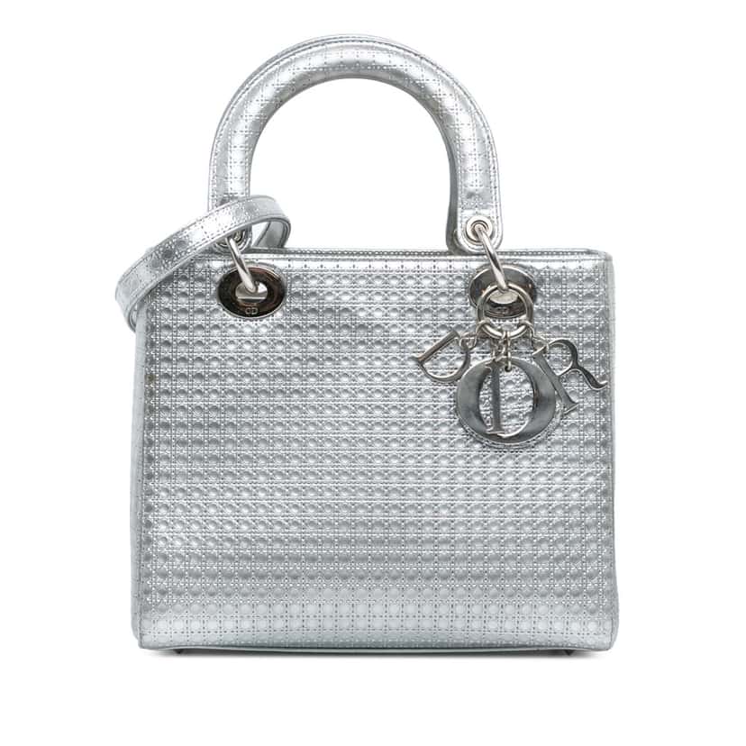 Dior Medium Metallic Patent Microcannage Lady Dior Silver Leather Good condition - Front View