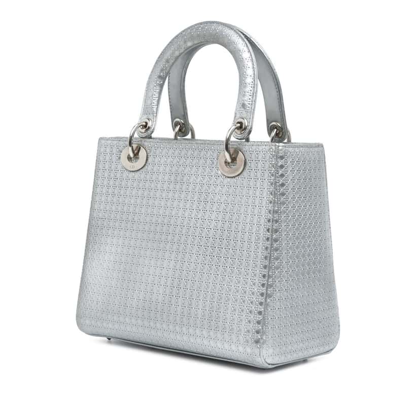 Dior Medium Metallic Patent Microcannage Lady Dior Silver Leather Good condition - Back View