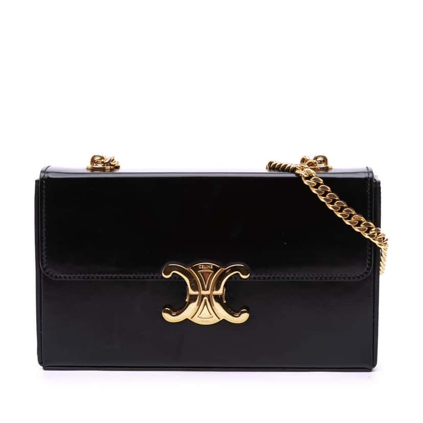Celine Shiny Calfskin Triomphe Chain Box Shoulder Bag Black Leather Good condition - Front View