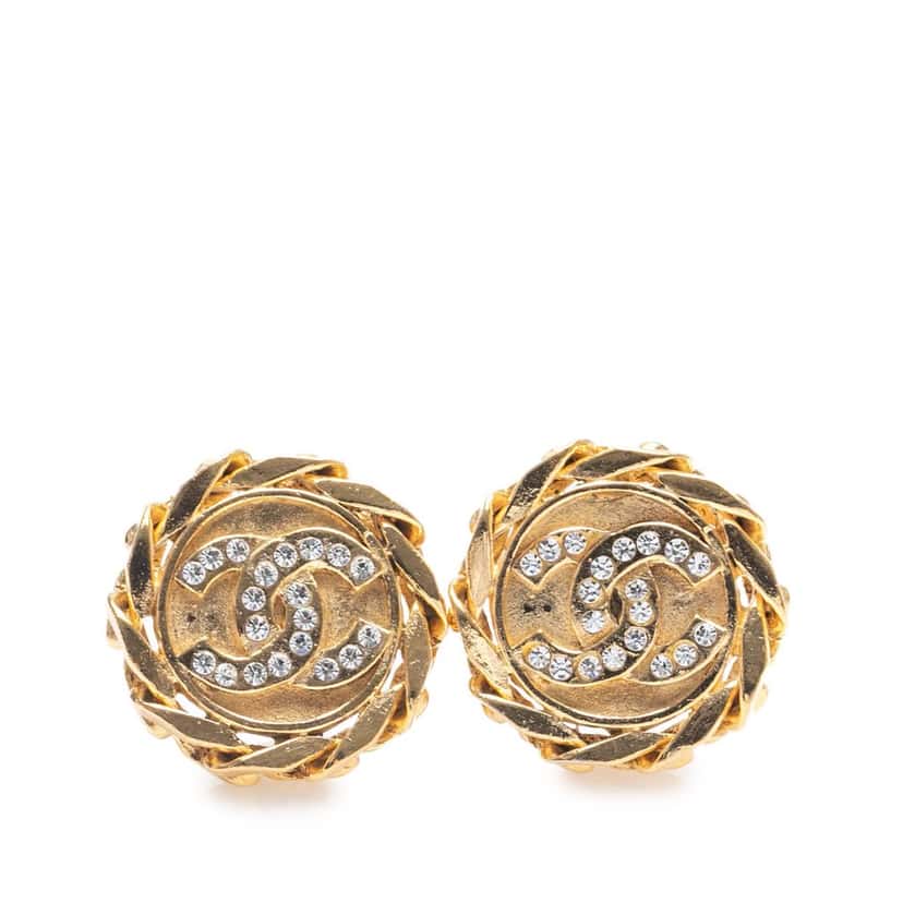 Chanel Gold Plated CC Crystal Clip On Earrings Gold Metal Good condition - Front View
