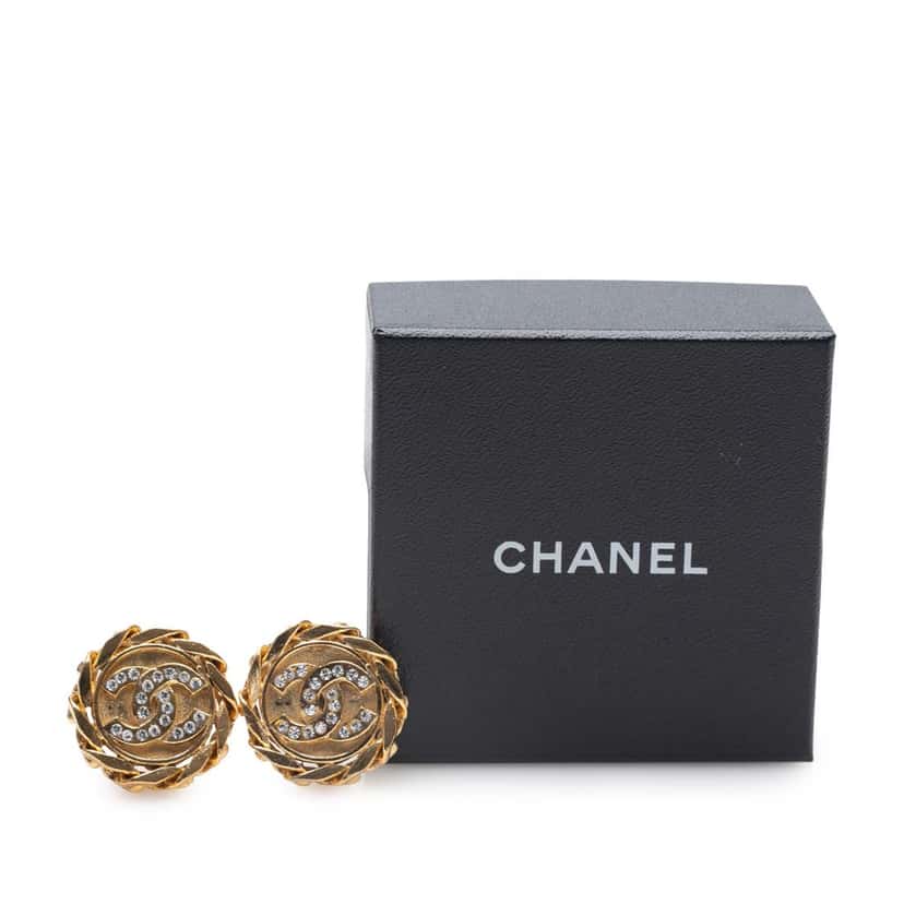 Chanel Gold Plated CC Crystal Clip On Earrings Gold Metal Good condition - Model View