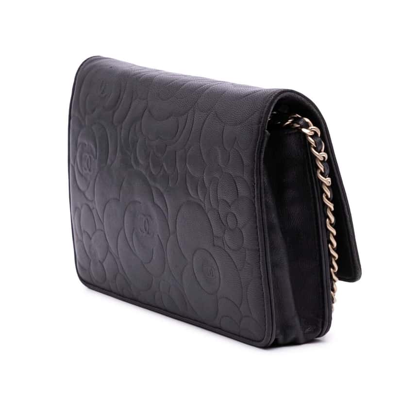 Chanel Lambskin Camellia Embossed Wallet On Chain Black Leather Good condition - Back View