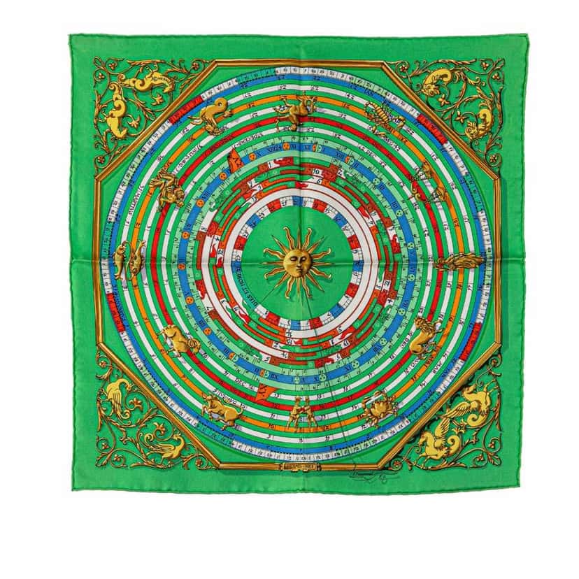 Hermès Astrologie Dies et Hore Silk Scarf Green Silk Good condition - Front View