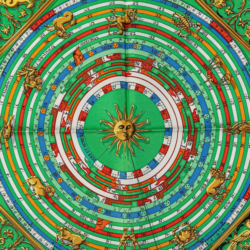 Hermès Astrologie Dies et Hore Silk Scarf Green Silk Good condition - Back View