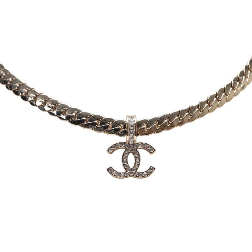 Chanel White Gold CC Rhinestones Pendant Necklace Gold Metal Good condition - Front View