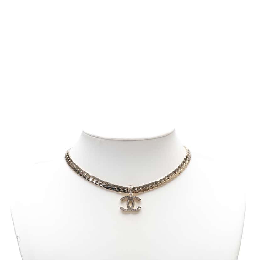 Chanel White Gold CC Rhinestones Pendant Necklace Gold Metal Good condition - Box View