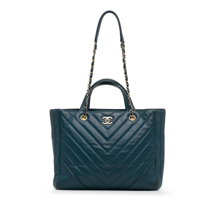 Chanel CC Chevron Calfskin Statement Shopping Tote Blue Leather Fair condition - Front View
