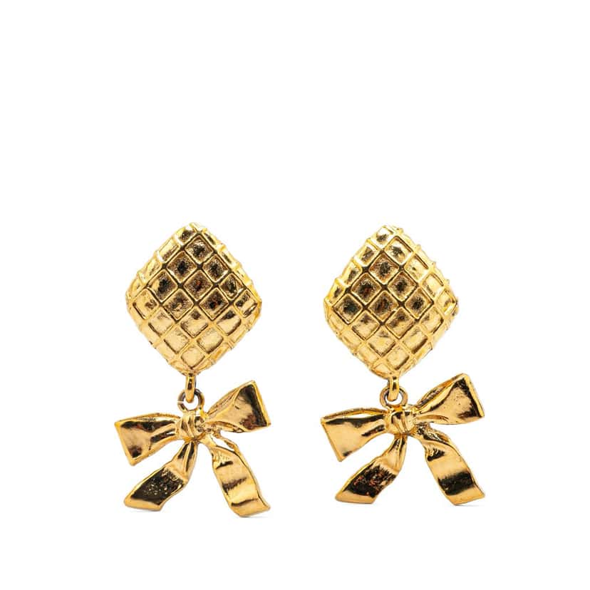 Chanel Drop Bow Clip On Earrings Gold Metal Good condition - Front View