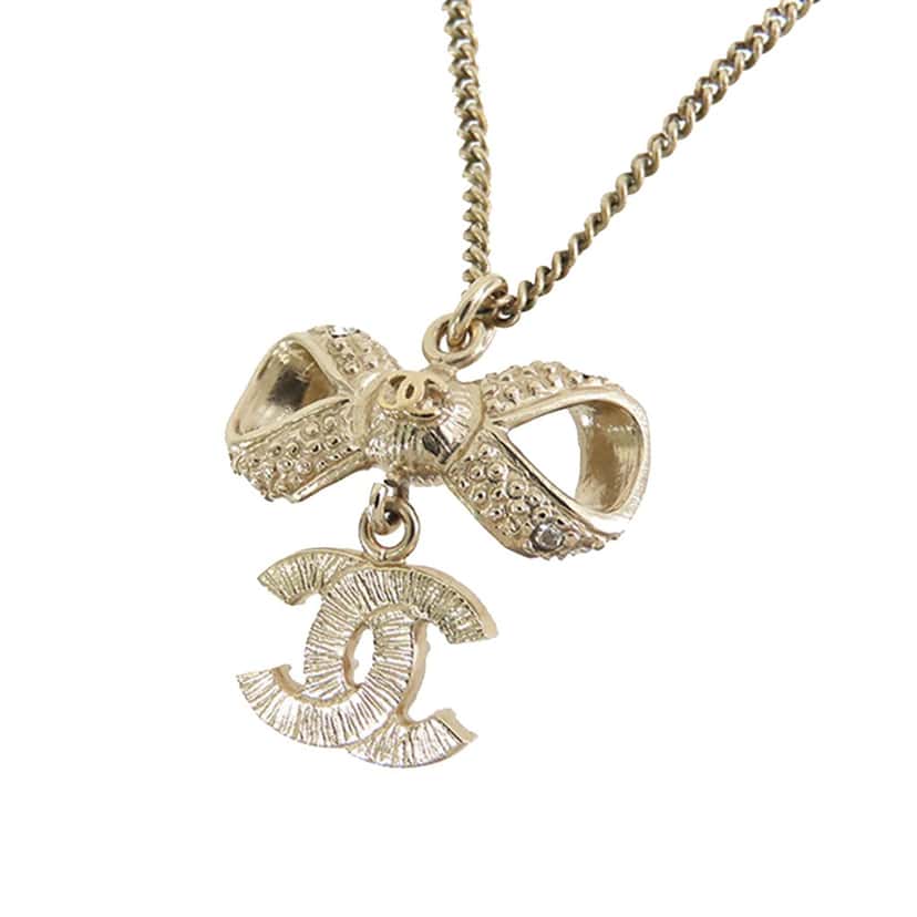 Chanel Gold Plated CC Bow Crystal Pendant Necklace Gold Metal Good condition - Back View